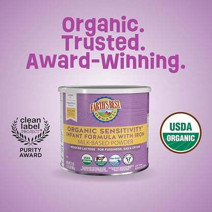 Earth's Best Organic Sensitivity Infant Formula, Babies 0-12 Months, Reduced Lactose, Iron, Omega-3 DHA, Omega-6 ARA, Organic Baby Formula, 21 Ounce Container