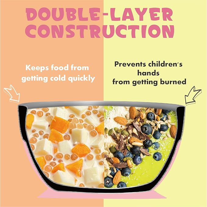 MR. CHOU Baby Suction Bowl Set with Spoon & Fork, Double-Layer 18/8 Stainless Steel Toddler Bowls with BPA Free Airtight Lid, Food Grade Infant Self-Feeding Bowl, First Stage Led Weaning Supplies Pink