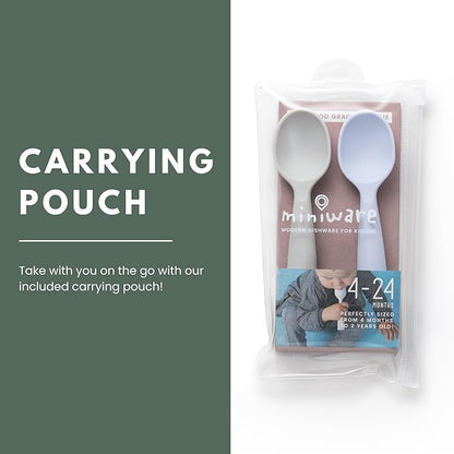 Miniware Silicone Baby Spoon for Training - BPA Free Baby Utensils - Baby Spoons Self Feeding 6 Months | 100% Food Grade Silicone - Modern & Dishwasher Safe Toddler Spoons (Grey and Lavender, 2 Pack)