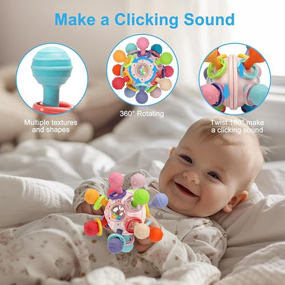 Baby Teething Toys, Baby Teethers Montessori Sensory Toys for 0-6 6-12 Months, Gifts for 1 Year Old Boys Girls Infant Newborn 0 3 6 9 12 18 Months Toys, Pink