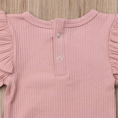 Mubineo Infant Baby Girl Basic Plain Rib Knit Ruffle Long Sleeve Romper Bodysuit Tops