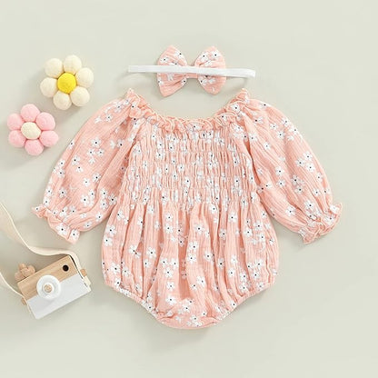 2pcs Infant Baby Girls Romper Dress Headband Long Sleeve Clothing Flowers Newborn Boho Girl Outfit Jumpsuit Clothes