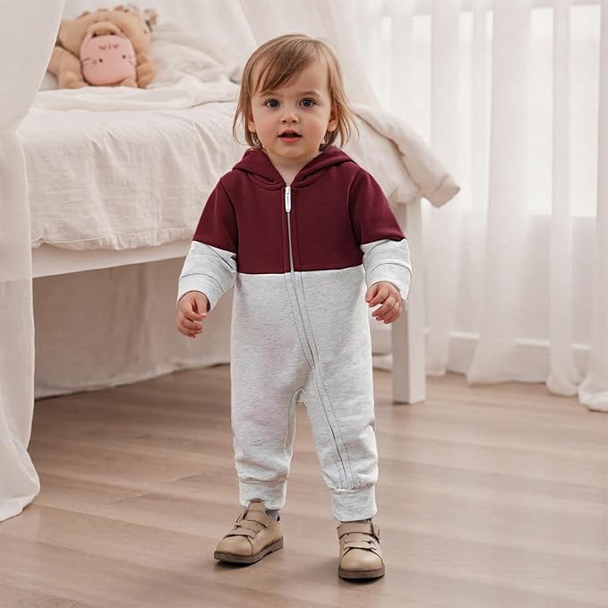 Newborn Baby Boy Fall Outfit Romper Long Sleeve Hooded Contrast Color Zipper Onesie Jumpsuit Bodysuit Infant Clothes