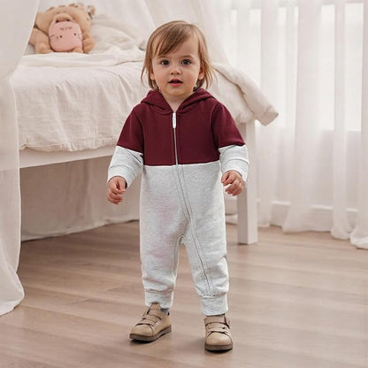 Newborn Baby Boy Fall Outfit Romper Long Sleeve Hooded Contrast Color Zipper Onesie Jumpsuit Bodysuit Infant Clothes