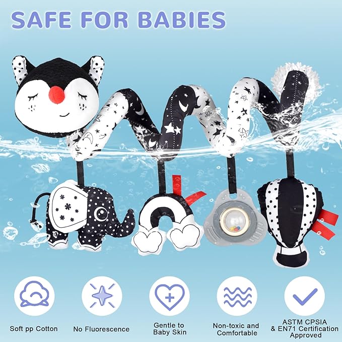 XIXILAND Musical Car Seat Toy Black and White Baby Toys, Infant Toys 0-6 Months Stroller Toy, High Contrast Newborn Developmental Gift for 0 3 6 9 12 Months Girls Boys Babies