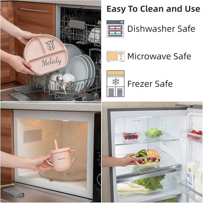 Personalized Name Food Grade 6pcs Baby Feeding Set with Spoon, Fork,Silicone Suction Bowls,Cup,Plate,and bib BPA Free - First Stage Self Feed (Color Gray Y18)