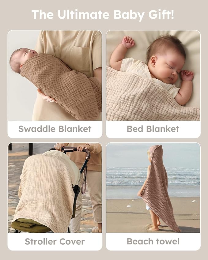 Yoofoss Hooded Baby Towels for Newborn 2 Pack 100% Muslin Organic Cotton Baby Bath Towel with Hood for Babies, Infant, Toddler and Kids, 32x32Inch, Soft and Absorbent Newborn Essential, Beige&Coffee