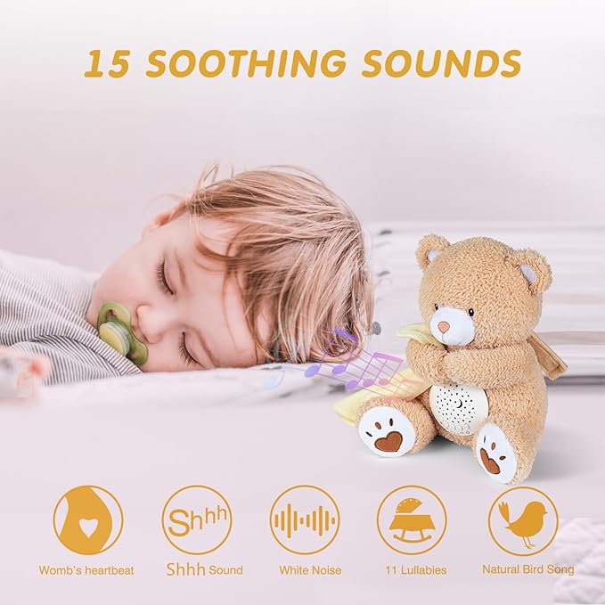 BEREST Baby Sleep Soother Bear, Mom's Heartbeat & Lullabies White Noise Machine, Nursery Decor Night Light Projector, Toddler Crib Sleeping Aid, Newborns Shower Gifts Portable Teddy
