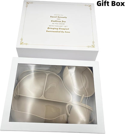 Personalized Name Food Grade 6pcs Baby Feeding Set with Spoon, Fork,Silicone Suction Bowls,Cup,Plate,and bib BPA Free - First Stage Self Feed (Color Khaki Y24)