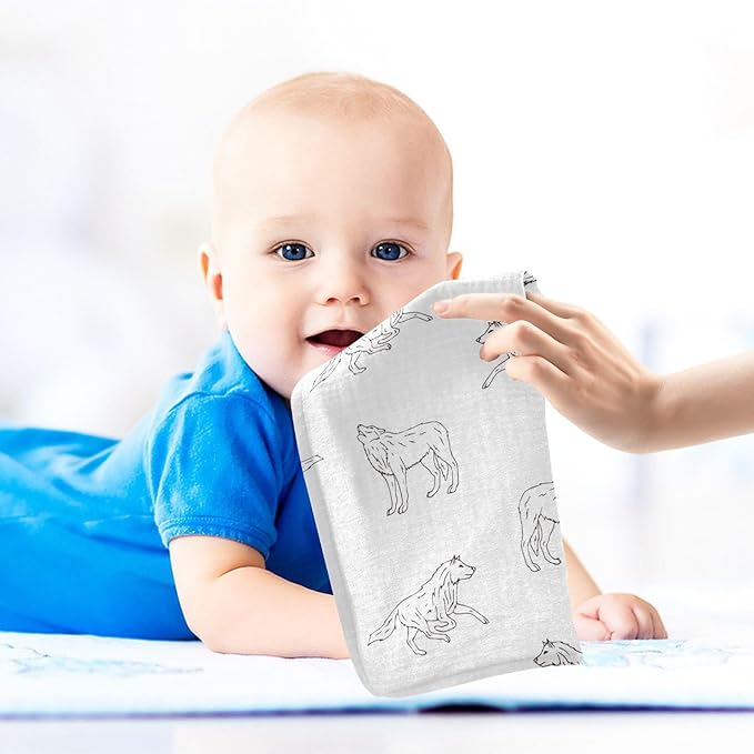 vvfelixl Wolf Black Outline Sketch Baby Burp Cloths Baby Muslin Washcloths for Boys Girls Cotton Baby Face Towel for Newborn Infants Soft and Absorbent 11.8 X 11.8 in, 5 Pack