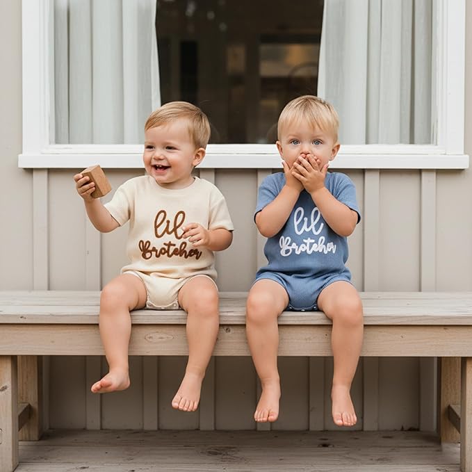 Little Brother Newborn Outfit Infant Baby Boy Lil Bro Shirt Bubble Romper Waffle Bodysuit Siblings Matching Clothes