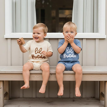 Little Brother Newborn Outfit Infant Baby Boy Lil Bro Shirt Bubble Romper Waffle Bodysuit Siblings Matching Clothes