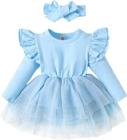 Baby Girl Clothes Infant Ruffle Sleeve Romper Dress Newborn Solid Tutu Skirt Sets Jumpsuit Headband Outfit
