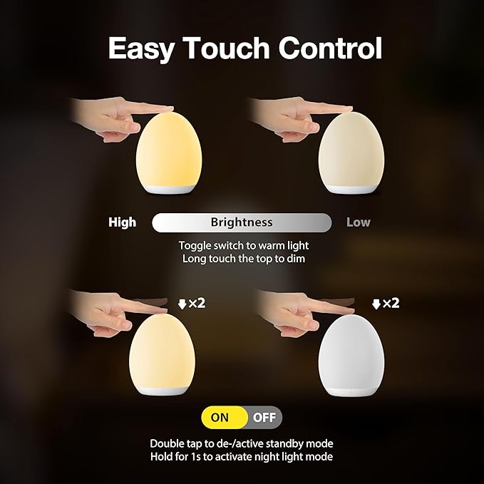 JolyWell Night Light for Kids, Baby Night Light with 7 Colors Changing Mode & Stepless Dimming, Nursery Night Light BPA Free,Rechargeable Egg Night Light for Breastfeeding 1h Timer & Touch Control