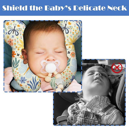 Baby Head Support Pillow for Newborn Toddler, Baby Neck Pillow Upgraded Comfortable Sleep Cushion for Car Plane Stroller Pushchair - Flower A