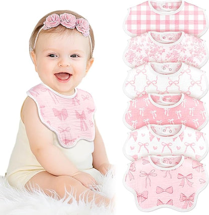 6 Pack Baby Muslin Bibs for Girls Boys Adjustable 100% Cotton Soft for Drooling and Teething Organic Lap-Shoulder