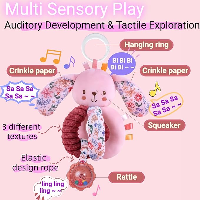 Baby Stroller Hanging Car Seat Toys for Infants 0-6 Months Girl Boy 0-3-4-5-7 6-12 Month Old Newborn Gifts, Carseat Christmas Stocking Stuffers Sensory Toy for Babies Play Gym Rattle, Crinkle