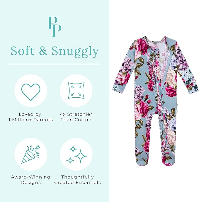 Posh Peanut Footie Pajamas for Baby Girls – Sleepers in Viscose from Bamboo with 2-Way Zipper & Ruffle Trim