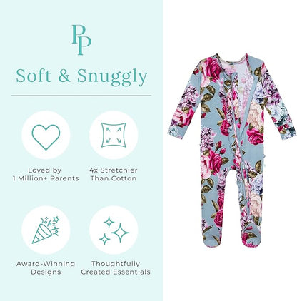 Posh Peanut Footie Pajamas for Baby Girls – Sleepers in Viscose from Bamboo with 2-Way Zipper & Ruffle Trim