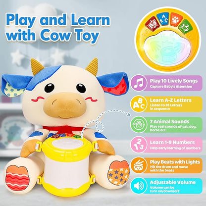 V-Opitos Stuffed Cow Musical Toys for Baby 6-12 Months+, Early Learning Light up Music Drum, Perfect Christmas Birthday Gifts for Boy & Girl Age 1, 2 Years Old