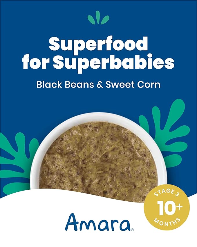 Amara Organic Baby Food - Stage 3 - Black Bean & Sweet Corn - Baby Cereal to Mix With Breastmilk, Water or Baby Formula - Shelf Stable Baby Food Pouches Made from Organic Veggies - 5 Pouches, 3.5oz Per Serving