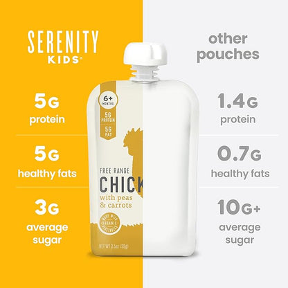 Serenity Kids 6+ Months Chicken Puree Baby Food Pouches - No Added Sugar Organic Baby Puree - Free-Range Chicken & Pea & Carrot - 3.5 Oz, Pack of 6