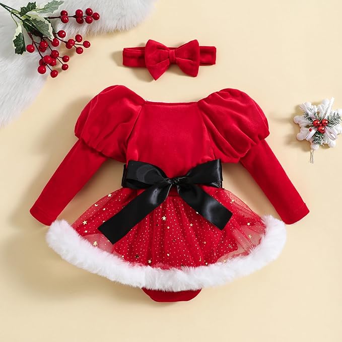 Hnyenmcko Newborn Baby Girl Christmas Clothes Infant Red Plaid Romper Dress Ruffle Long Sleeve Ribbed Bodysuit Headband Set