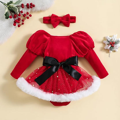 Hnyenmcko Newborn Baby Girl Christmas Clothes Infant Red Plaid Romper Dress Ruffle Long Sleeve Ribbed Bodysuit Headband Set