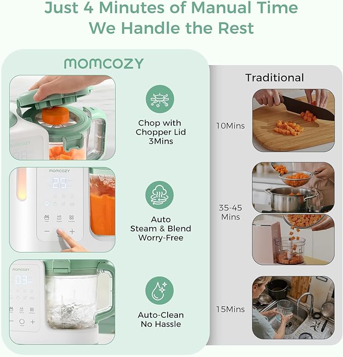 Momcozy AutoMeal Baby Food Maker – One-Step Auto Steam & Blend Food Processor, 15oz Large Cup & 6-Blade Design, Self-Cleaning, Auto 3-Stage Texture Settings for Effortless Homemade Baby Puree