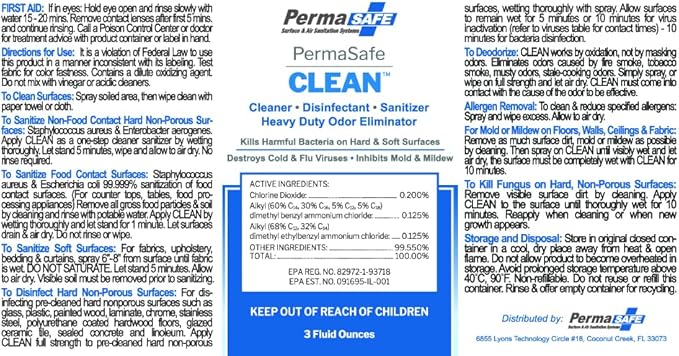 PermaSafe CLEAN 1-Step Disinfectant, Deodorizer & All-Purpose Cleaner; Soft, Hard & Food Surface Sanitizer; Kills 99.9% of Bacteria, Viruses, Molds - Child, Pet, Planet & All Surface Safe (3oz 2-pk)