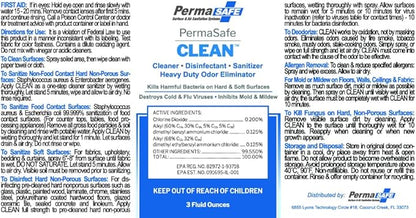PermaSafe CLEAN 1-Step Disinfectant, Deodorizer & All-Purpose Cleaner; Soft, Hard & Food Surface Sanitizer; Kills 99.9% of Bacteria, Viruses, Molds - Child, Pet, Planet & All Surface Safe (3oz 2-pk)