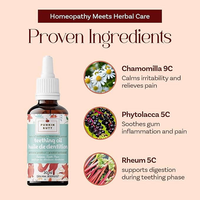 Punkin Butt Teething Oil for Babies, Herbal Plant-Based Formula Infused with Chamomile, Clove & Peppermint & Enhanced with Natural Homeopathics - Chamomilla, Phytolacca & Rheum, 1oz Bottle
