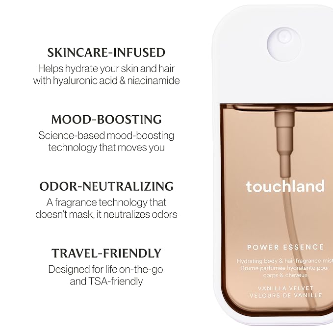Touchland VANILLA INDULGENCE Body and Hand Mist Essentials (Vanilla Velvet Body & Hair Fragrance Mist, 2 FL. OZ. + VanillaBlossom Hydrating Hand Sanitizer Spray 1FL.OZ.), Travel Size Set