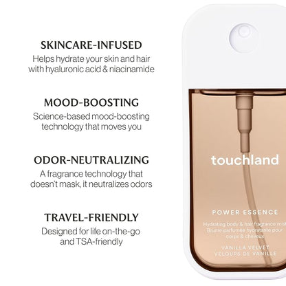 Touchland VANILLA INDULGENCE Body and Hand Mist Essentials (Vanilla Velvet Body & Hair Fragrance Mist, 2 FL. OZ. + VanillaBlossom Hydrating Hand Sanitizer Spray 1FL.OZ.), Travel Size Set