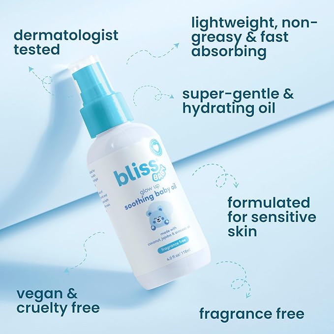 Bliss Baby Oil, All Natural, Premium & Unscented, Vegan - Made with Organic Avocado Oil, Coconut Oil, Dermatologist Tested, Soothing & Hydrating Baby Massage Oil, Travel Size 4 fl. Oz.