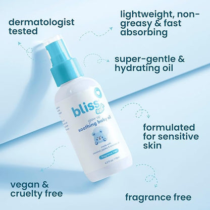 Bliss Baby Oil, All Natural, Premium & Unscented, Vegan - Made with Organic Avocado Oil, Coconut Oil, Dermatologist Tested, Soothing & Hydrating Baby Massage Oil, Travel Size 4 fl. Oz.
