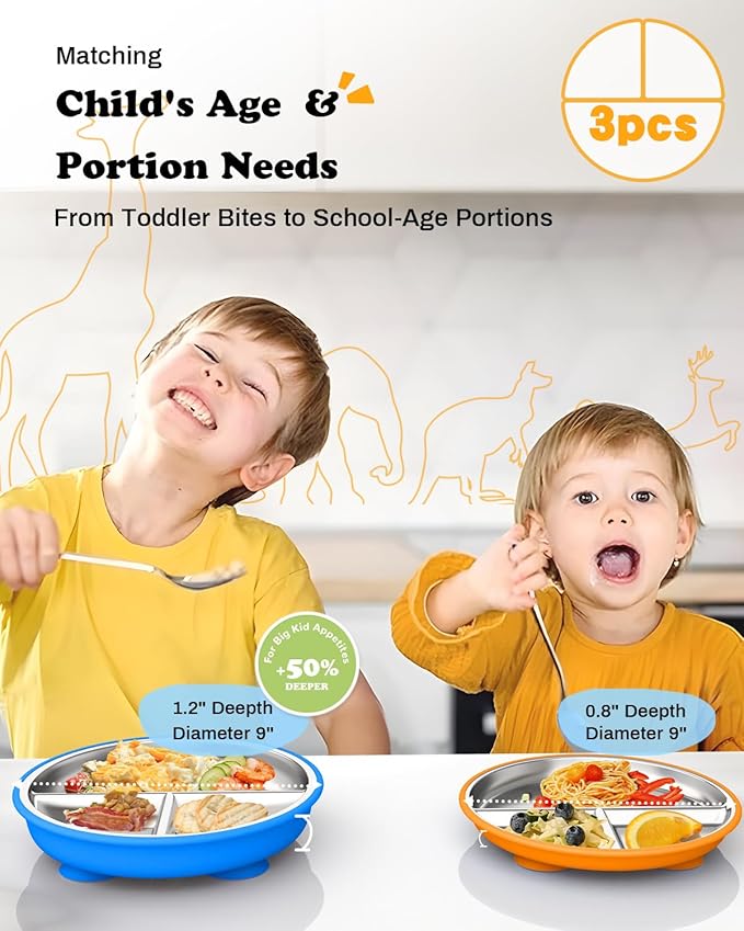 Stainless Steel Toddler Suction Plate with Lid, Deepened 9" Divided Plates with Removable Silicone Sleeves for Kids, Non Toxic Unbreakable Snack Dishes Set of 3, Bright Orange/Blue/Green