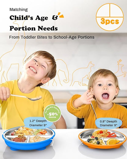 Stainless Steel Toddler Suction Plate with Lid, Deepened 9" Divided Plates with Removable Silicone Sleeves for Kids, Non Toxic Unbreakable Snack Dishes Set of 3, Bright Orange/Blue/Green