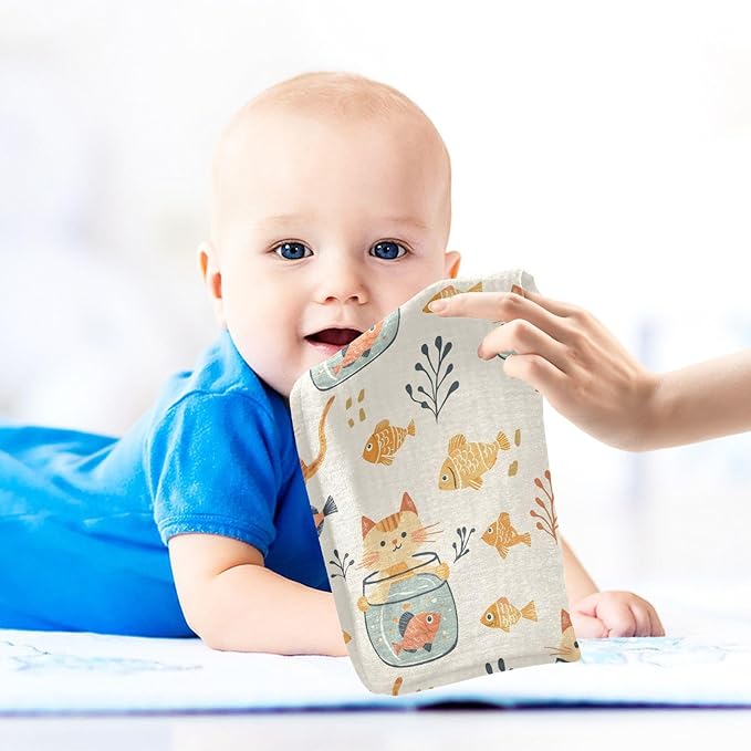 vvfelixl Baby Muslin Washcloths Cat Watch Fish Tank Baby Burp Cloths Cotton Babys Face Towel for Newborn Infants Boys Girls Soft and Absorbent 11.8 X 11.8 in, 3 Pack