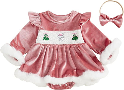 Hnyenmcko Newborn Baby Girl Christmas Clothes Infant Red Plaid Romper Dress Ruffle Long Sleeve Ribbed Bodysuit Headband Set