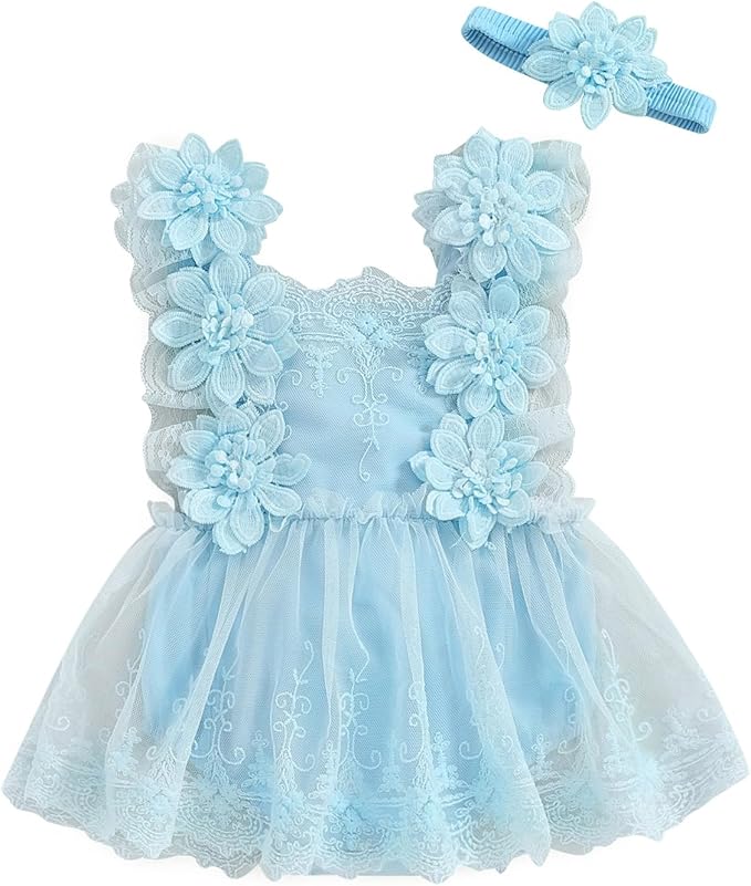 Infant Baby Girl Lace Romper Baby Tulle Dress Romper Flowers Bodysuit Spring Summer Festival Clothes with Headband