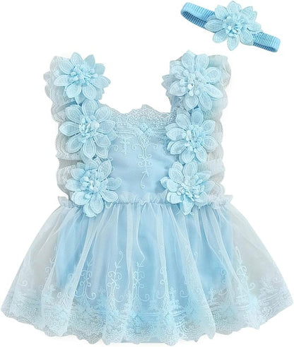 Infant Baby Girl Lace Romper Baby Tulle Dress Romper Flowers Bodysuit Spring Summer Festival Clothes with Headband