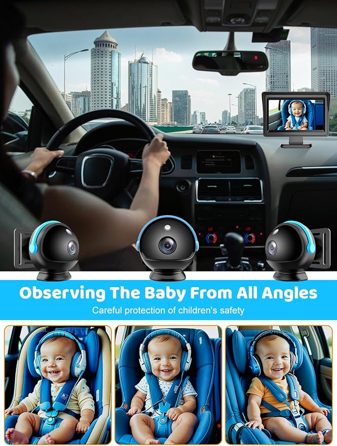 Car Camera for Baby, 7” 1080P HD Screen Baby Car Camera with IR Night Vision, 360° Rotating Adjustable Cam for Rear Facing Seat Backseat, Plug and Play Easy Install (Blue)