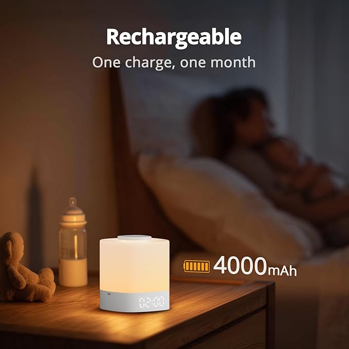 Lyridz LED Nursery Night Light with Clock, Portable Breastfeeding Table Lamp for Baby with Remote Control, Dimmable, 3 Color Temperature, 4000mAh Rechargeable Battery, White