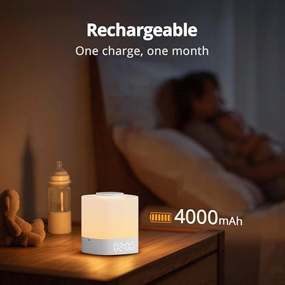 Lyridz LED Nursery Night Light with Clock, Portable Breastfeeding Table Lamp for Baby with Remote Control, Dimmable, 3 Color Temperature, 4000mAh Rechargeable Battery, White