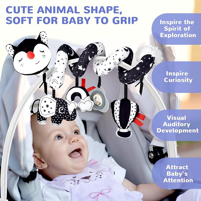 XIXILAND Musical Car Seat Toy Black and White Baby Toys, Infant Toys 0-6 Months Stroller Toy, High Contrast Newborn Developmental Gift for 0 3 6 9 12 Months Girls Boys Babies