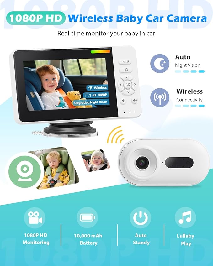 Wireless Baby Car Camera with Upgraded Auto Night Vision, 1080P HD Car Baby Monitor with 360° Adjustable, Easy Install Rear Facing Carseat Mirror, Newborns Travel Essentials Gifts - White