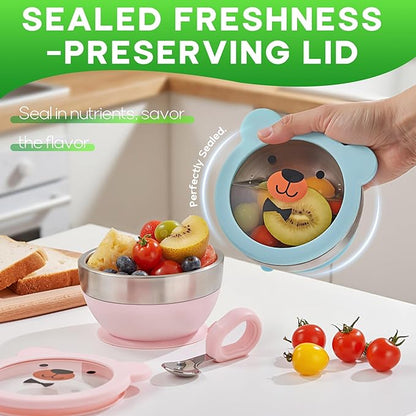 Suction Bowl and Spoon Set for Babies and Toddlers Non-Slip Silicone Suction Cups, Advanced 304 Stainless Steel Bowls, Double-Layer Insulation, and BPA-Free Lids Food-Grade Safety