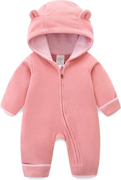 Newborn Baby Bear Onesie Winter Snowsuit With Fold-over Mittens & Footies Zip Up Baby Fleece Jumpsuit 0-18M