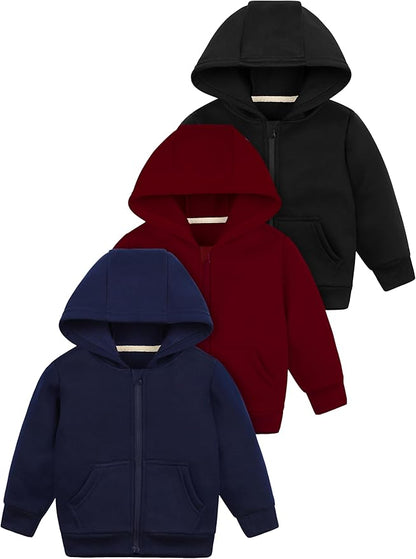 Cooraby 3 Packs Baby and Toddler Boys Long Sleeve Full-Zip Hoodies Infant Fleece Hooded Sweatshirts Jacket with Pouch Pockets